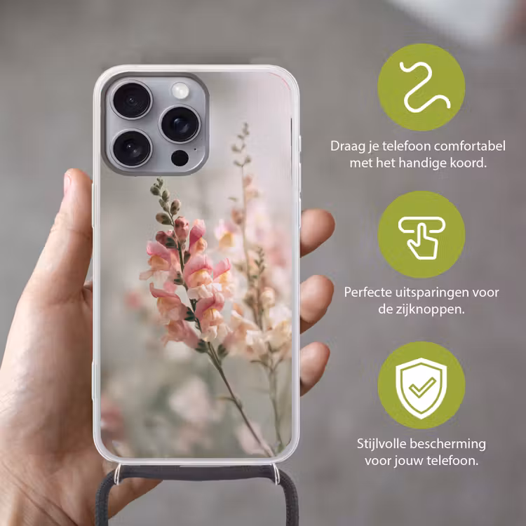 Bloem - Leeuwenbek - Roze - Stengel Hoesje iPhone 16 Pro Max met koord klein -sfeer2_NL
