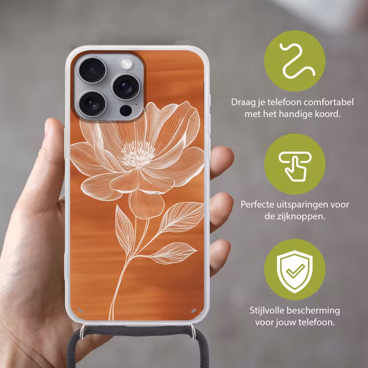 Bloem - Minimalistisch - Wit Hoesje iPhone 16 Pro Max met koord klein -sfeer2_NL