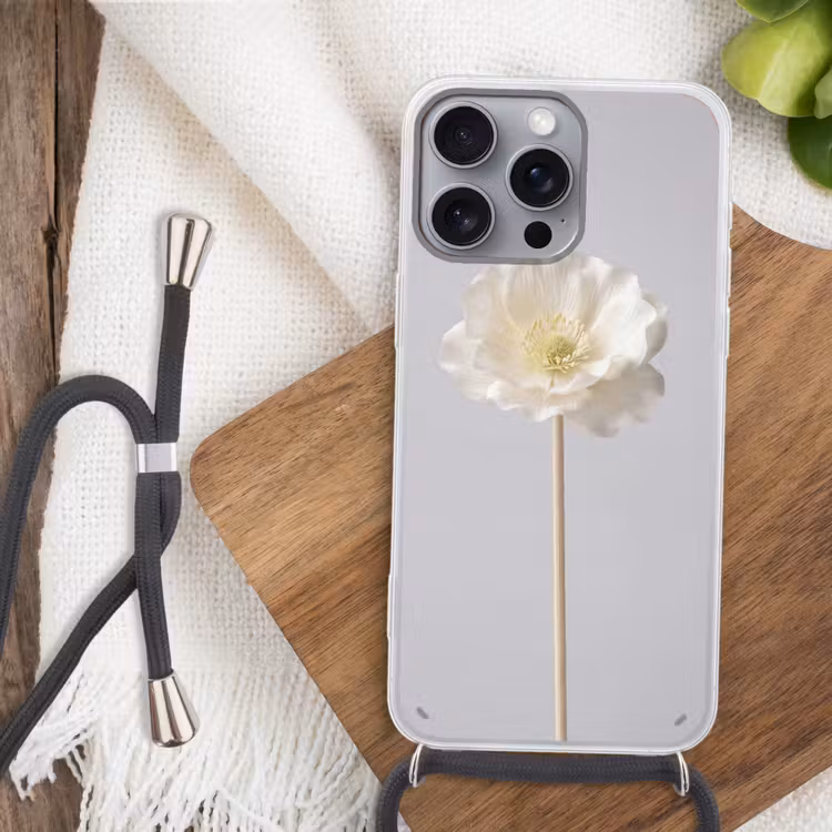 Bloem - Minimalistisch -Wit Hoesje iPhone 16 Pro Max met koord klein -sfeer4