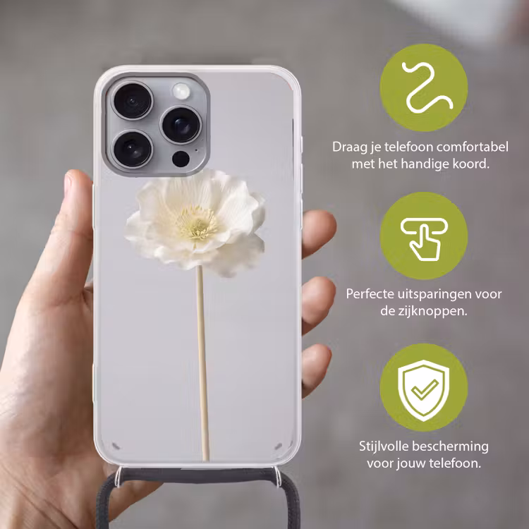 Bloem - Minimalistisch -Wit Hoesje iPhone 16 Pro Max met koord klein -sfeer2_NL