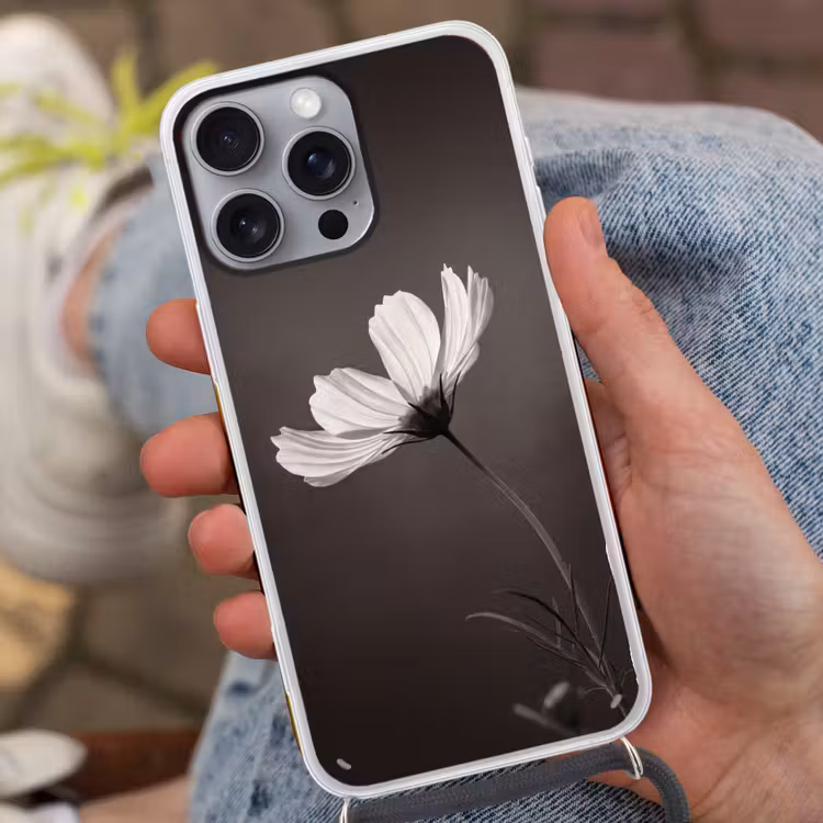 Bloem - Minimalistisch - Zwart - Wit Hoesje iPhone 16 Pro Max met koord klein -sfeer3