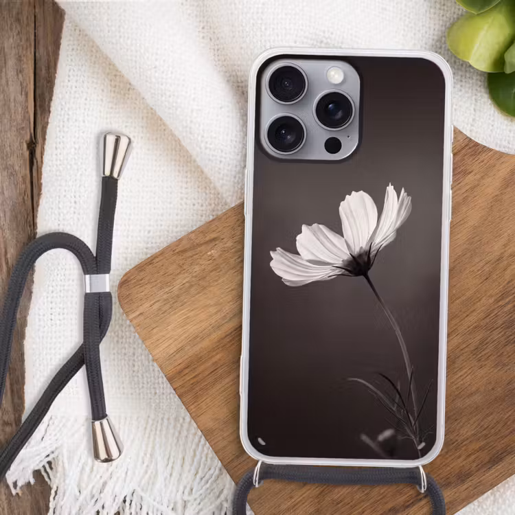 Bloem - Minimalistisch - Zwart - Wit Hoesje iPhone 16 Pro Max met koord klein -sfeer4