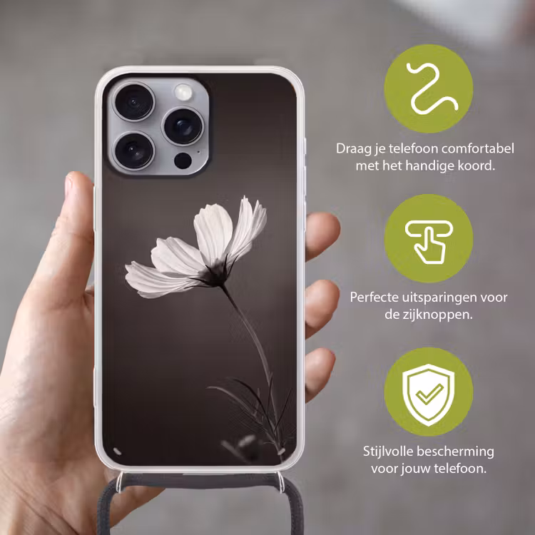 Bloem - Minimalistisch - Zwart - Wit Hoesje iPhone 16 Pro Max met koord klein -sfeer2_NL