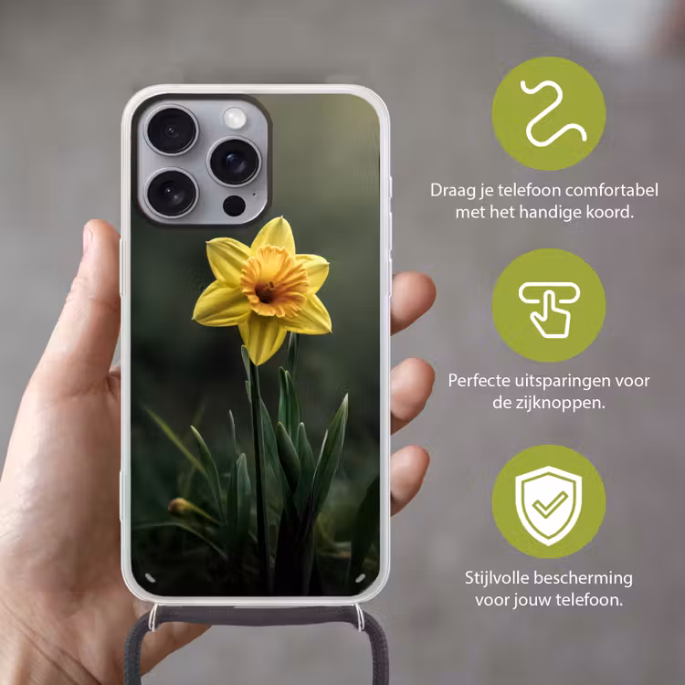 Bloem - Narcis - Gras - Geel Hoesje iPhone 16 Pro Max met koord klein -sfeer2_NL