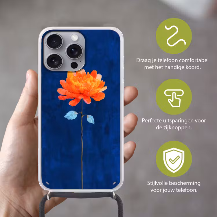 Bloem - Oranje - Bladeren Hoesje iPhone 16 Pro Max met koord klein -sfeer2_NL