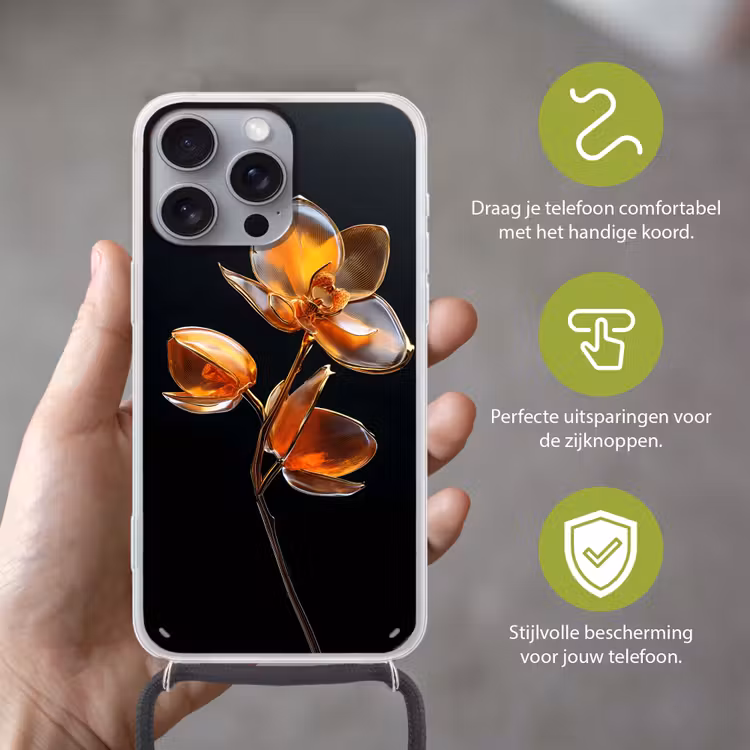 Bloem - Orchidee - Oranje Hoesje iPhone 16 Pro Max met koord klein -sfeer2_NL