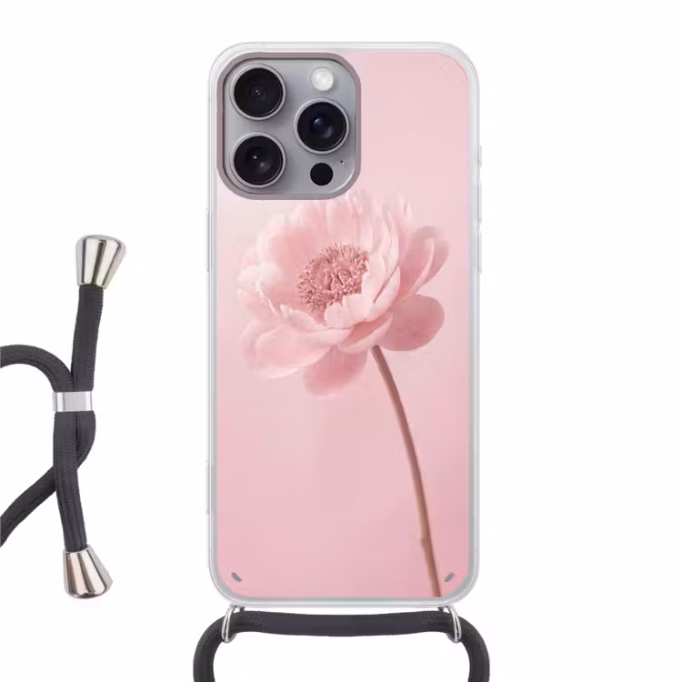 Bloem - Pioenroos - Roze Hoesje iPhone 16 Pro Max met koord klein -3d