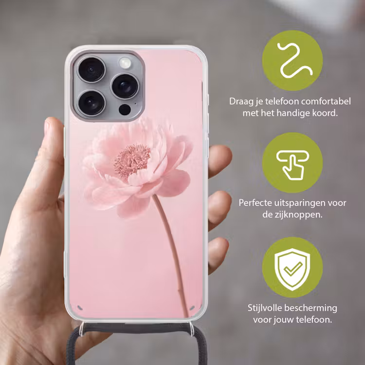 Bloem - Pioenroos - Roze Hoesje iPhone 16 Pro Max met koord klein -sfeer2_NL
