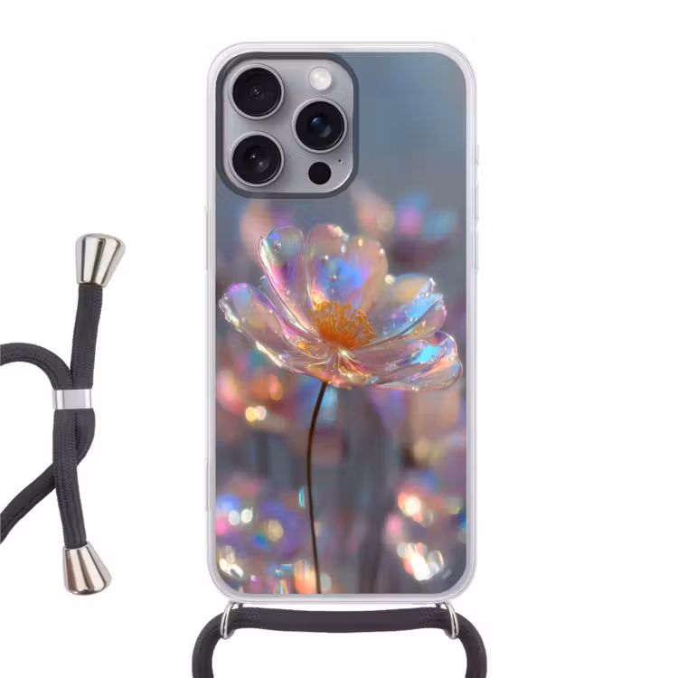 Bloem - Transparant - Pastelkleuren - Druppels Hoesje iPhone 16 Pro Max met koord klein -3d