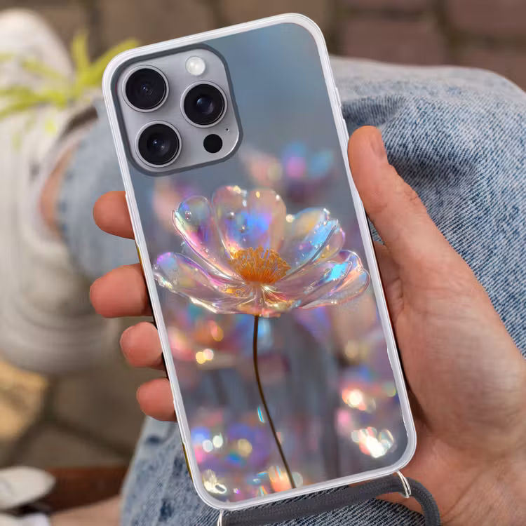 Bloem - Transparant - Pastelkleuren - Druppels Hoesje iPhone 16 Pro Max met koord klein -sfeer3