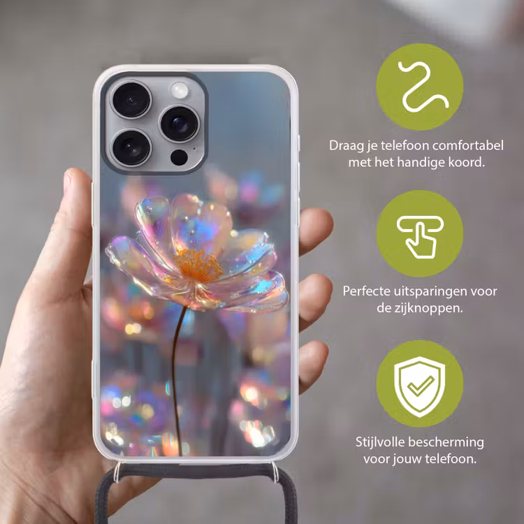 Bloem - Transparant - Pastelkleuren - Druppels Hoesje iPhone 16 Pro Max met koord klein -sfeer2_NL
