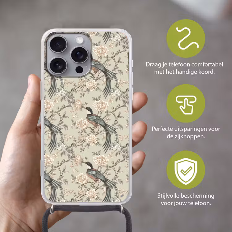 Bloem - Vogel - Kleurrijk Hoesje iPhone 16 Pro Max met koord klein 804 -sfeer2_NL