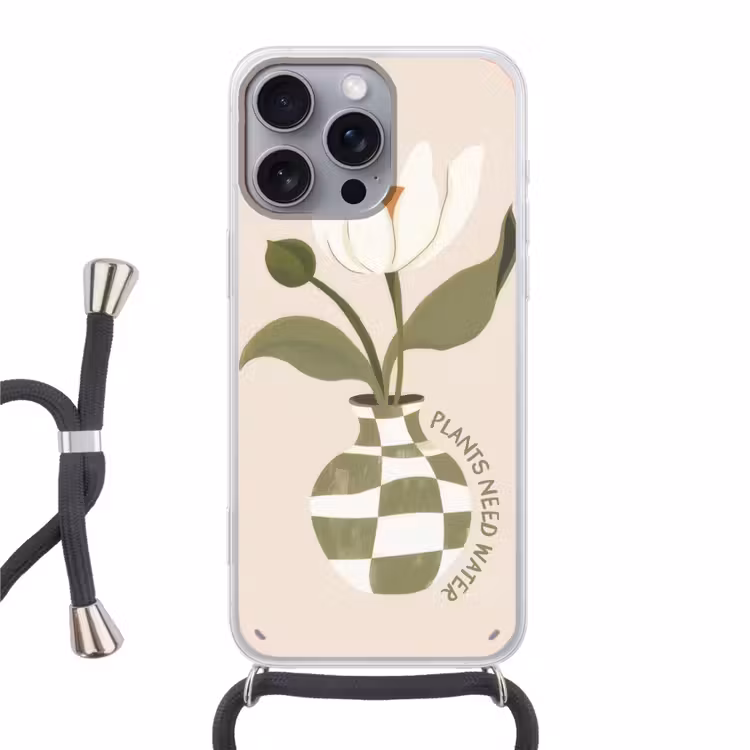 Bloem - Wit - Vaas - Quote Hoesje iPhone 16 Pro Max met koord klein -3d