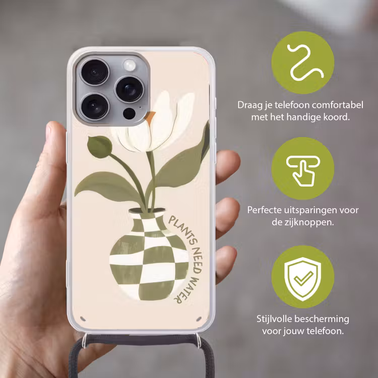 Bloem - Wit - Vaas - Quote Hoesje iPhone 16 Pro Max met koord klein -sfeer2_NL