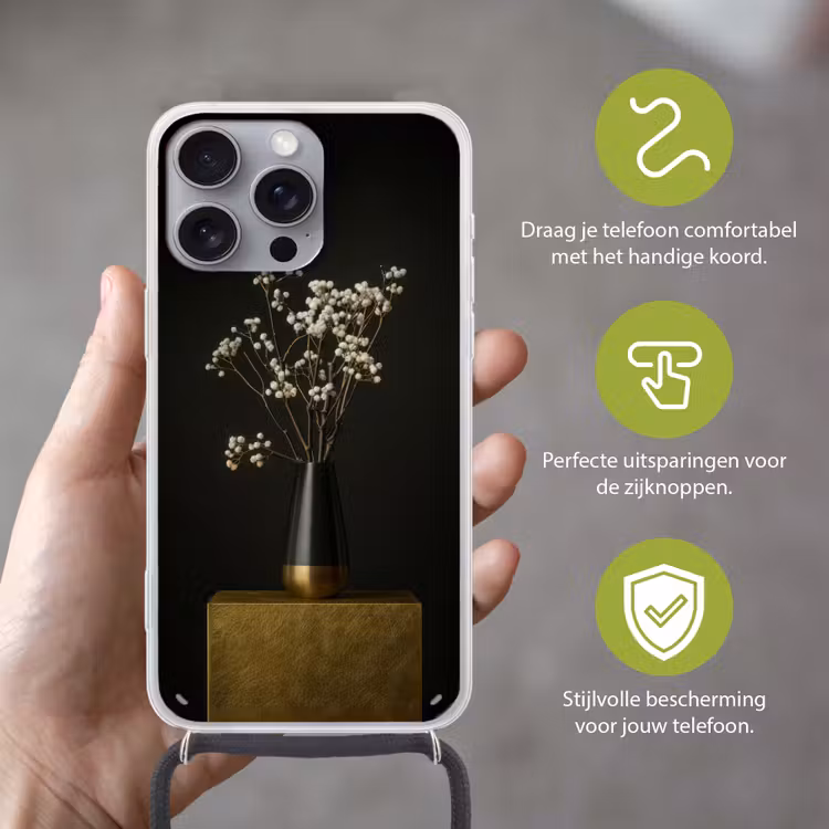 Bloembollen - Wit - Vaas - Minimalistisch Hoesje iPhone 16 Pro Max met koord klein -sfeer2_NL