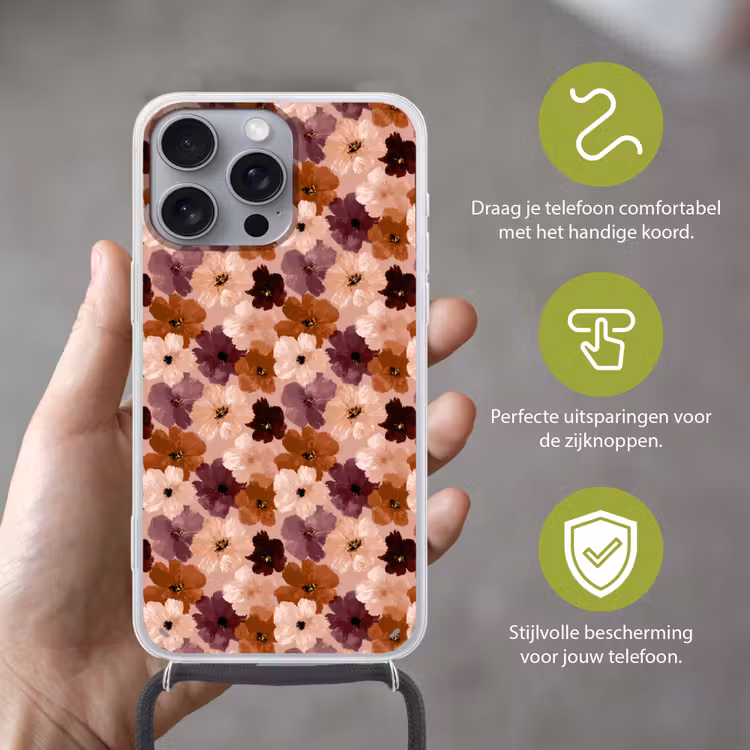 Bloemen - Abstract - Aardetinten Hoesje iPhone 16 Pro Max met koord klein 804 -sfeer2_NL