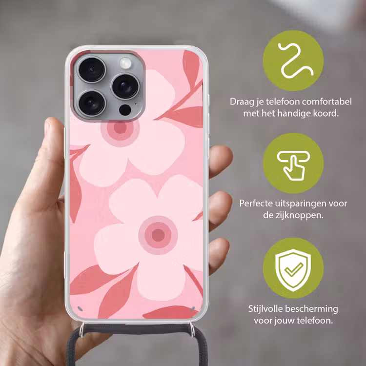 Bloemen - Abstract - Modern - Roze - Natuur Hoesje iPhone 16 Pro Max met koord klein -sfeer2_NL