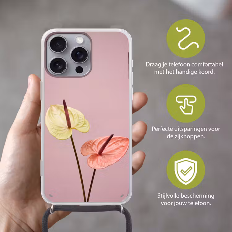 Bloemen - Anthuriums - Geel - Roze Hoesje iPhone 16 Pro Max met koord klein -sfeer2_NL