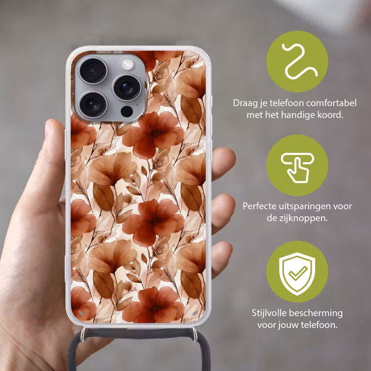 Bloemen - Aquarel - Botanisch - Terracotta Hoesje iPhone 16 Pro Max met koord klein 804 -sfeer2_NL