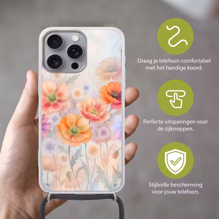 Bloemen - Aquarel - Natuur - Modern - Kleurrijk Hoesje iPhone 16 Pro Max met koord klein -sfeer2_NL