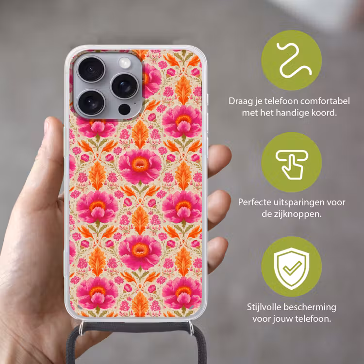 Bloemen - Barok - Roze - Oranje Hoesje iPhone 16 Pro Max met koord klein 804 -sfeer2_NL