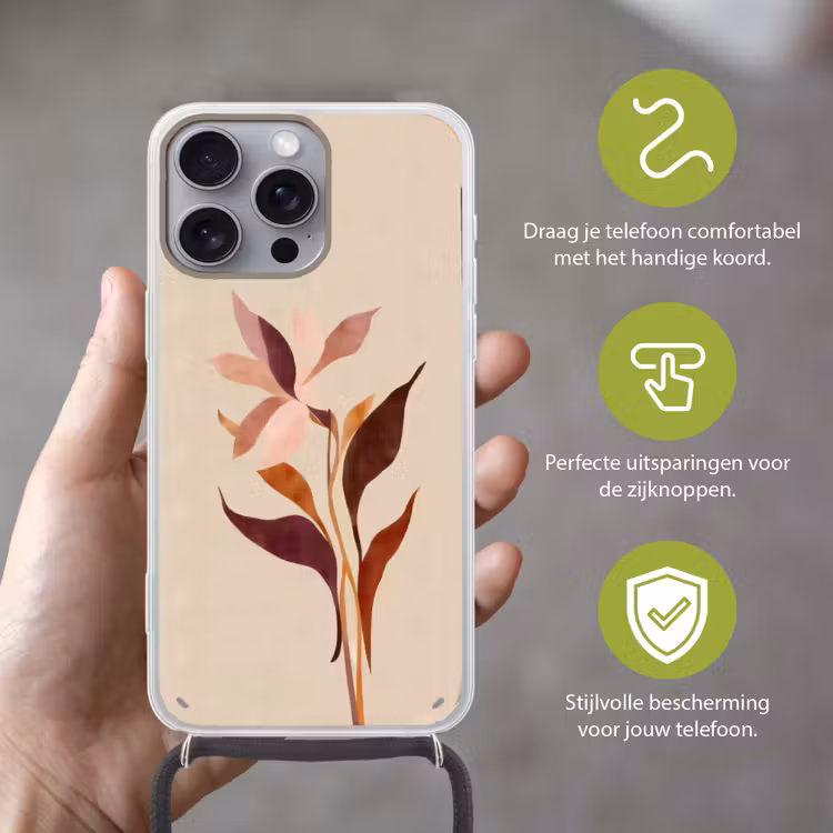 Bloemen - Blaadjes - Minimalistisch - Roze Hoesje iPhone 16 Pro Max met koord klein -sfeer2_NL