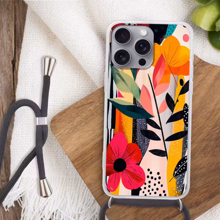 Bloemen - Bladeren - Abstract - Kleurrijk Hoesje iPhone 16 Pro Max met koord klein -sfeer4