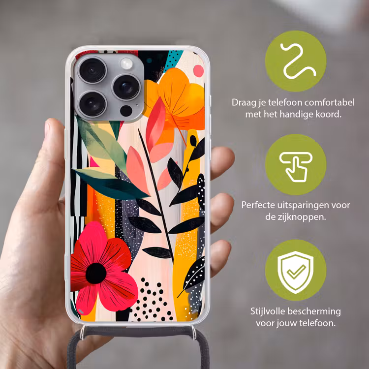 Bloemen - Bladeren - Abstract - Kleurrijk Hoesje iPhone 16 Pro Max met koord klein -sfeer2_NL