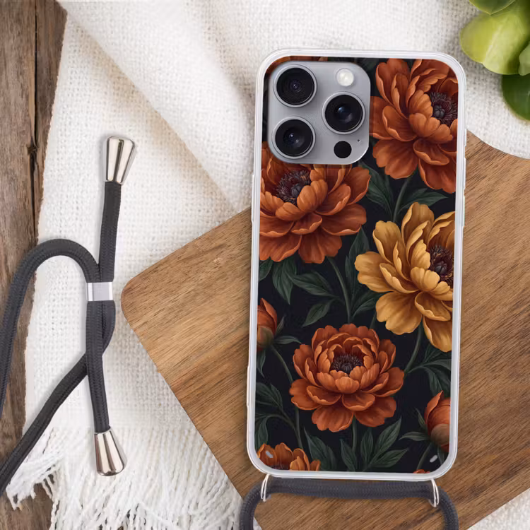 Bloemen - Bladeren - Natuur - Modern - Oranje Hoesje iPhone 16 Pro Max met koord klein -sfeer4