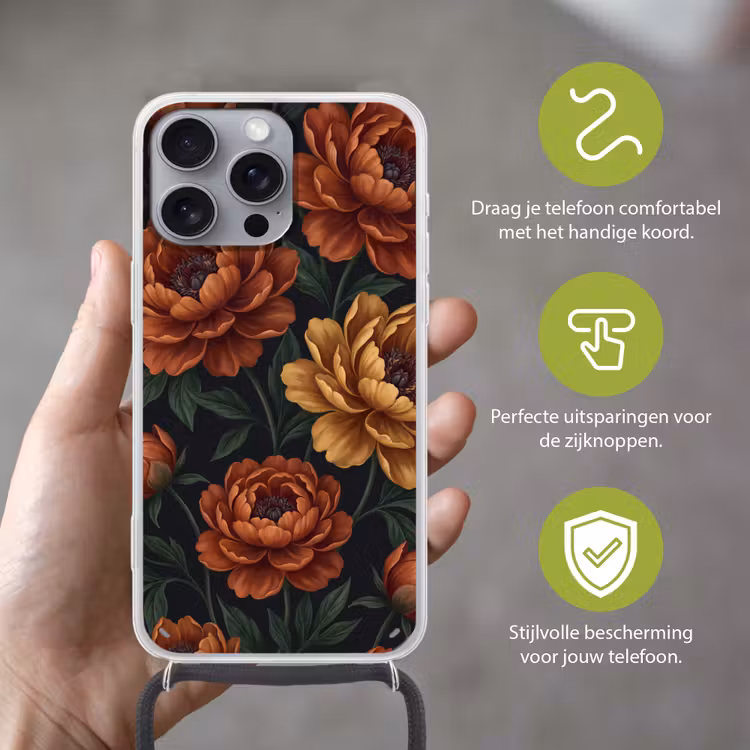 Bloemen - Bladeren - Natuur - Modern - Oranje Hoesje iPhone 16 Pro Max met koord klein -sfeer2_NL