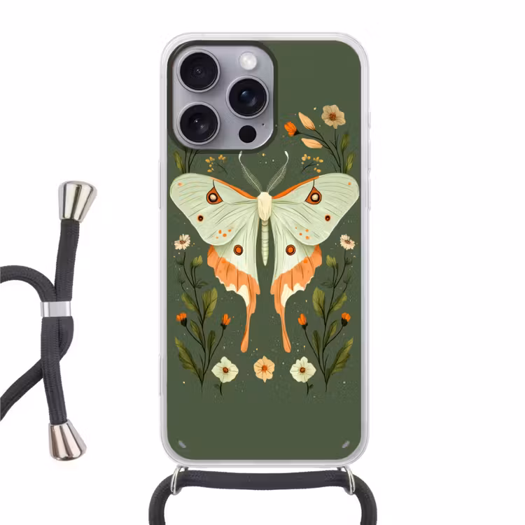 Bloemen - Bladeren - Olijfgroen - Vlinder Hoesje iPhone 16 Pro Max met koord klein -3d