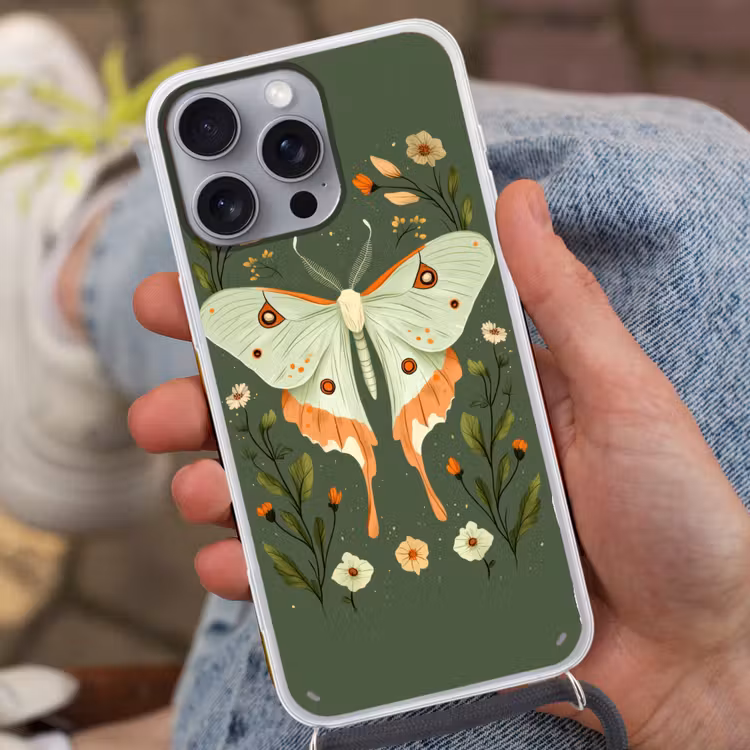 Bloemen - Bladeren - Olijfgroen - Vlinder Hoesje iPhone 16 Pro Max met koord klein -sfeer3