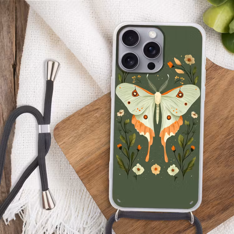 Bloemen - Bladeren - Olijfgroen - Vlinder Hoesje iPhone 16 Pro Max met koord klein -sfeer4