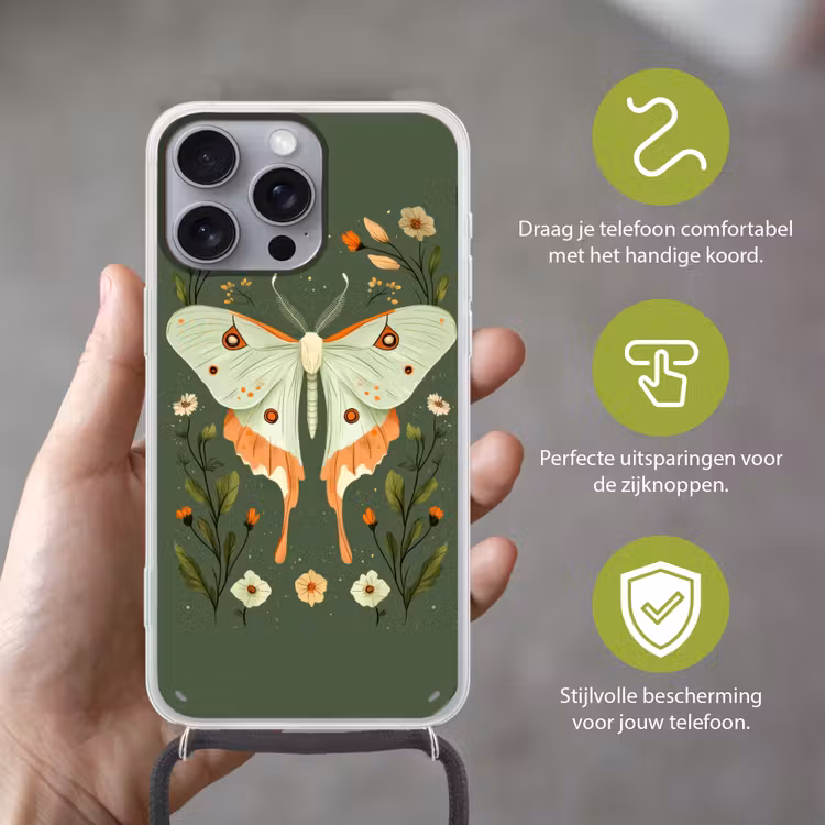 Bloemen - Bladeren - Olijfgroen - Vlinder Hoesje iPhone 16 Pro Max met koord klein -sfeer2_NL