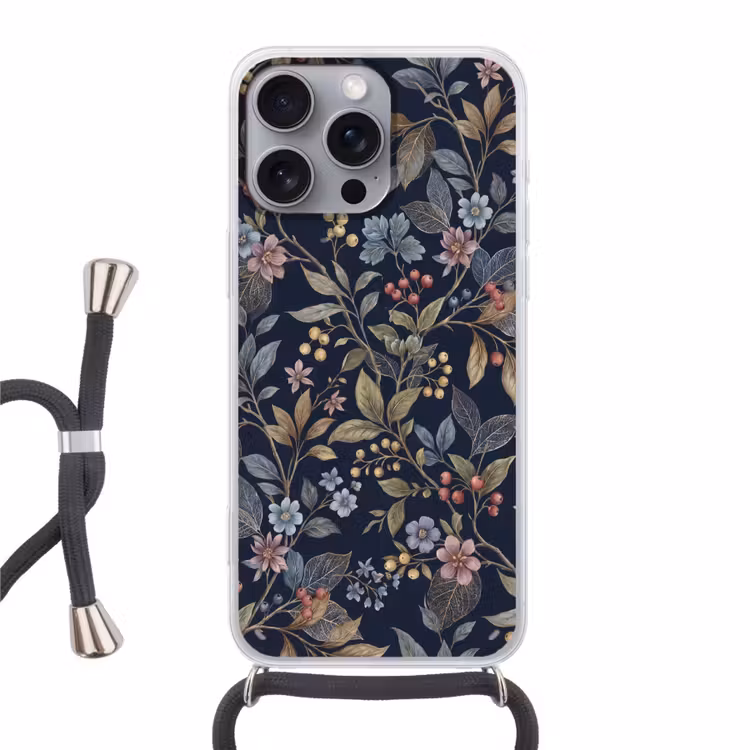 Bloemen - Bladeren - Patroon - Botanisch - Donkerblauw Hoesje iPhone 16 Pro Max met koord klein -3d
