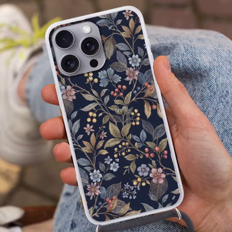 Bloemen - Bladeren - Patroon - Botanisch - Donkerblauw Hoesje iPhone 16 Pro Max met koord klein -sfeer3