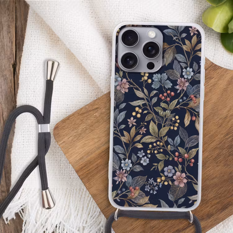 Bloemen - Bladeren - Patroon - Botanisch - Donkerblauw Hoesje iPhone 16 Pro Max met koord klein -sfeer4