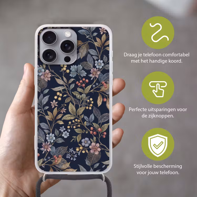 Bloemen - Bladeren - Patroon - Botanisch - Donkerblauw Hoesje iPhone 16 Pro Max met koord klein -sfeer2_NL