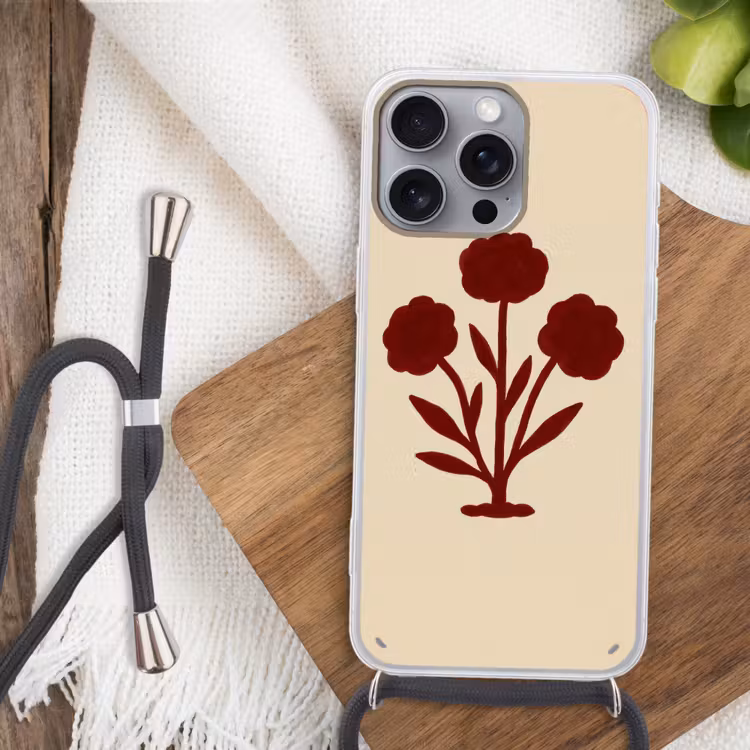 Bloemen - Bladeren - Rood - Minimalistisch Hoesje iPhone 16 Pro Max met koord klein -sfeer4
