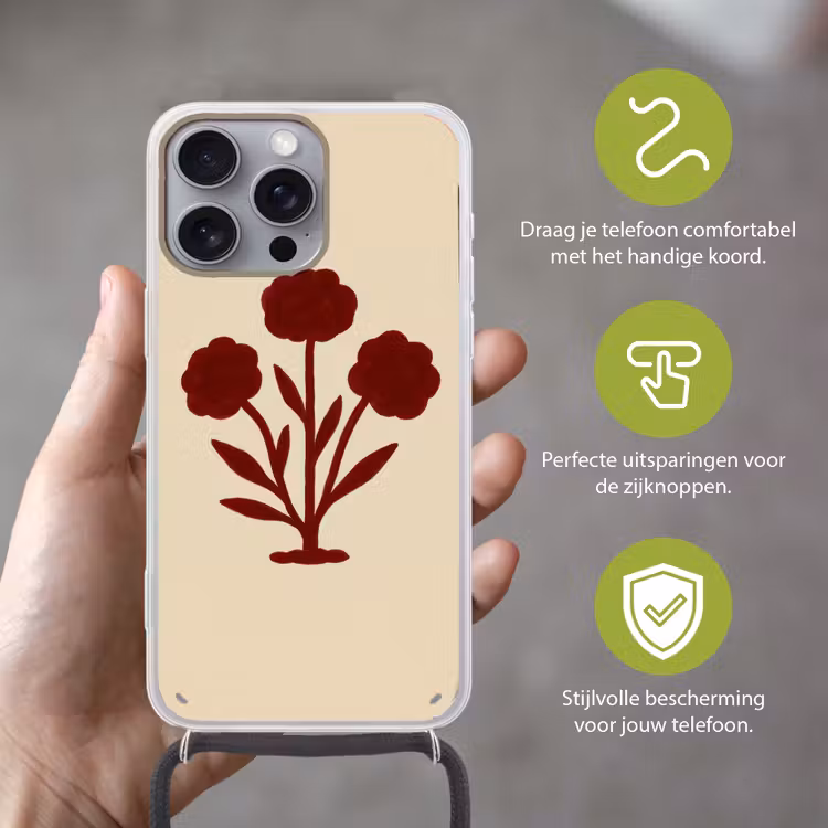 Bloemen - Bladeren - Rood - Minimalistisch Hoesje iPhone 16 Pro Max met koord klein -sfeer2_NL