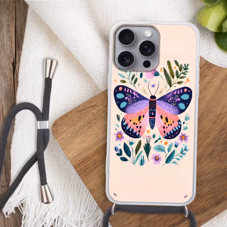Bloemen - Bladeren - Vlinder - Kleurrijk Hoesje iPhone 16 Pro Max met koord klein -sfeer4