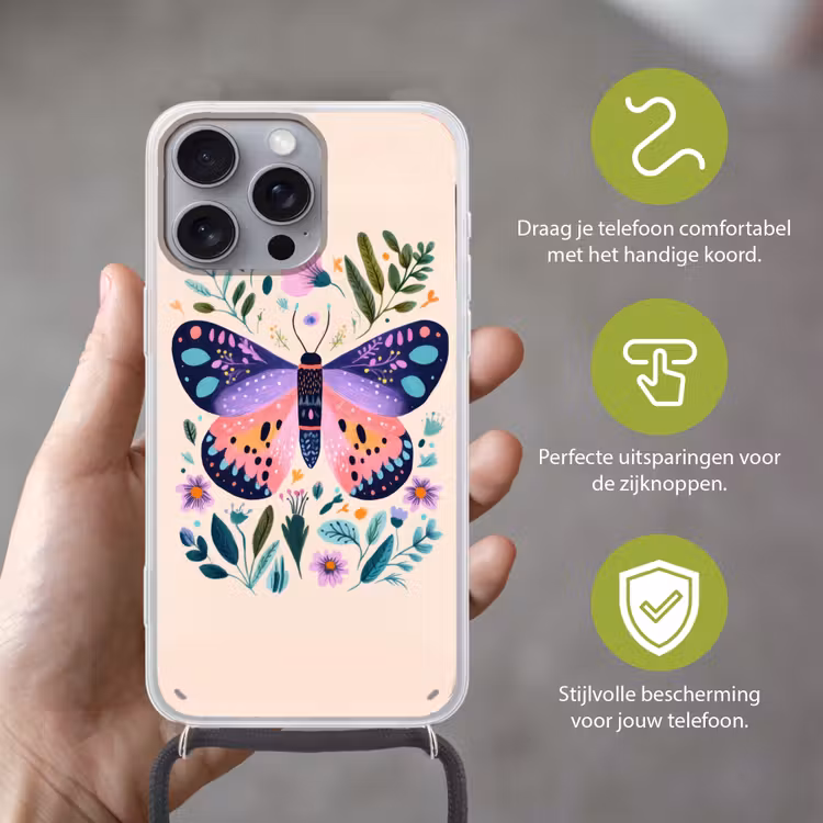Bloemen - Bladeren - Vlinder - Kleurrijk Hoesje iPhone 16 Pro Max met koord klein -sfeer2_NL