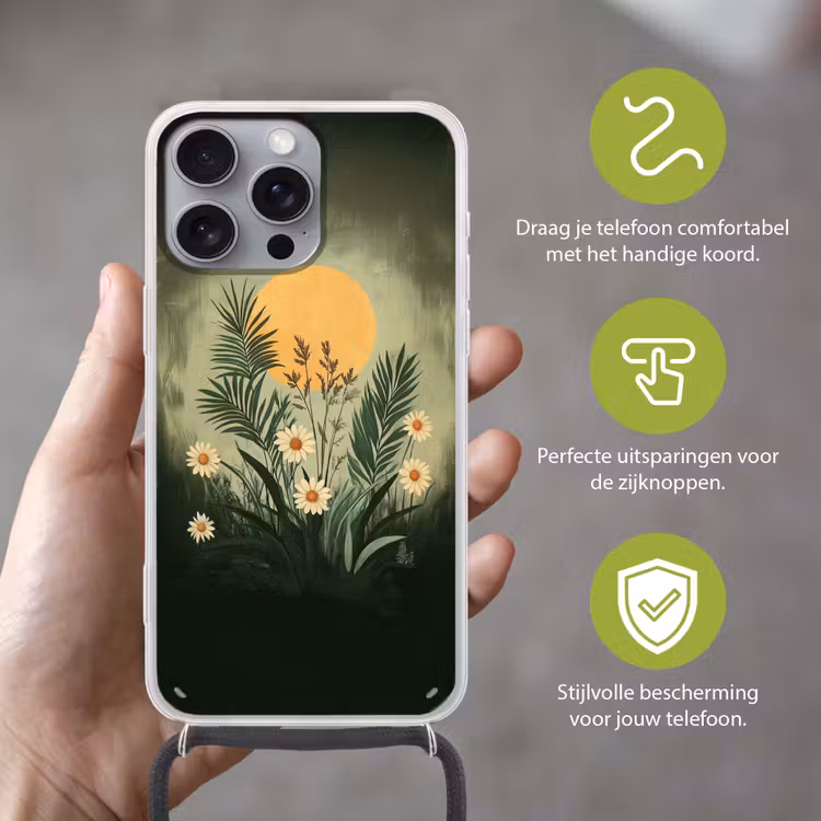 Bloemen - Bladeren - Zon - Groen Hoesje iPhone 16 Pro Max met koord klein -sfeer2_NL