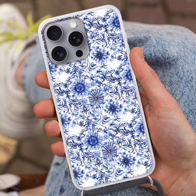 Bloemen - Blauw - Patroon - Wit Hoesje iPhone 16 Pro Max met koord klein 804 -sfeer3