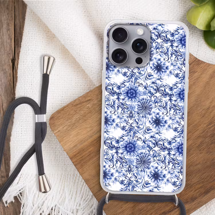 Bloemen - Blauw - Patroon - Wit Hoesje iPhone 16 Pro Max met koord klein 804 -sfeer4