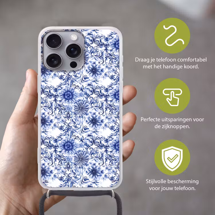 Bloemen - Blauw - Patroon - Wit Hoesje iPhone 16 Pro Max met koord klein 804 -sfeer2_NL
