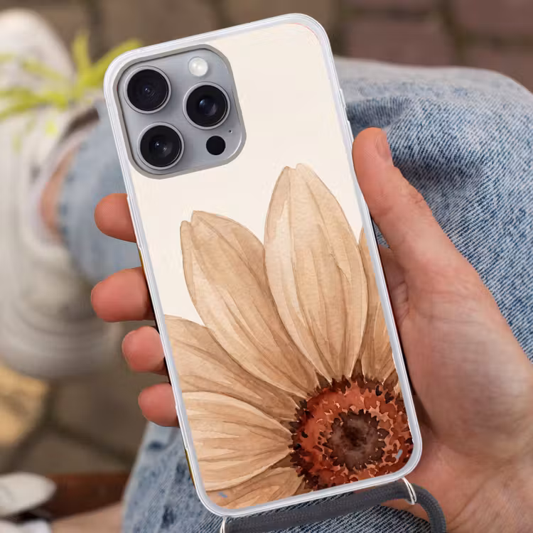 Bloemen - Bloemblad - Natuur - Aquarel - Beige Hoesje iPhone 16 Pro Max met koord klein -sfeer3