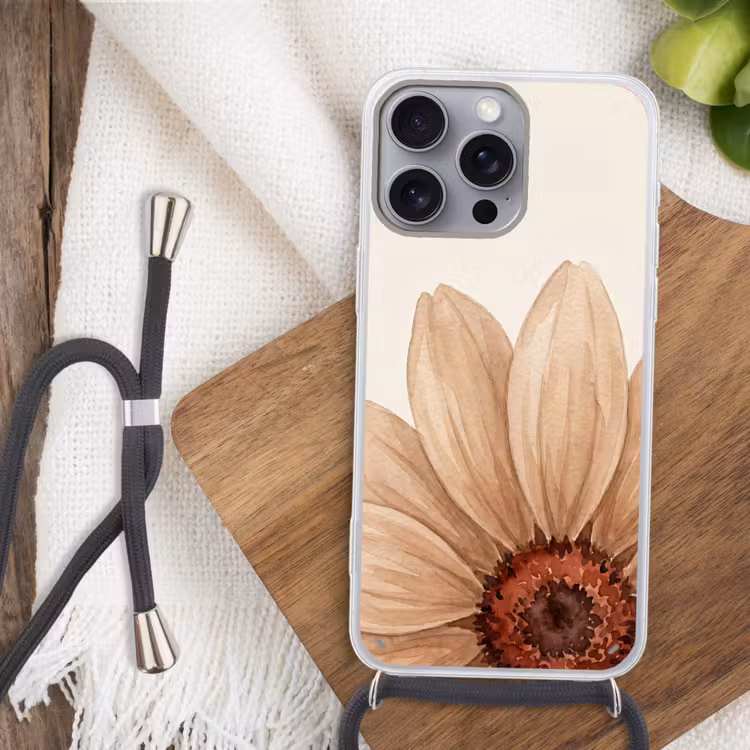 Bloemen - Bloemblad - Natuur - Aquarel - Beige Hoesje iPhone 16 Pro Max met koord klein -sfeer4