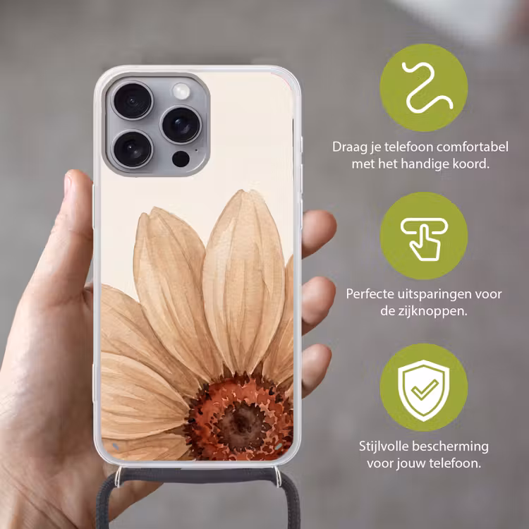 Bloemen - Bloemblad - Natuur - Aquarel - Beige Hoesje iPhone 16 Pro Max met koord klein -sfeer2_NL