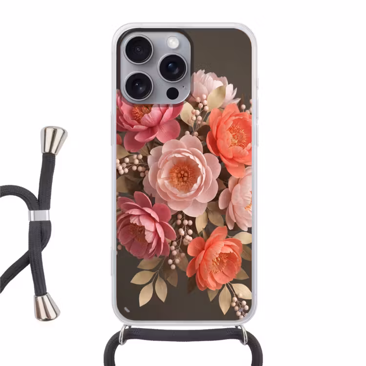 Bloemen - Bloesem - Zacht - Koraal - Decoratie Hoesje iPhone 16 Pro Max met koord klein -3d